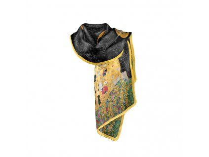 Plu - Hedvábná šála G. Klimt The Kiss, černý podklad - 160 x 40 cm